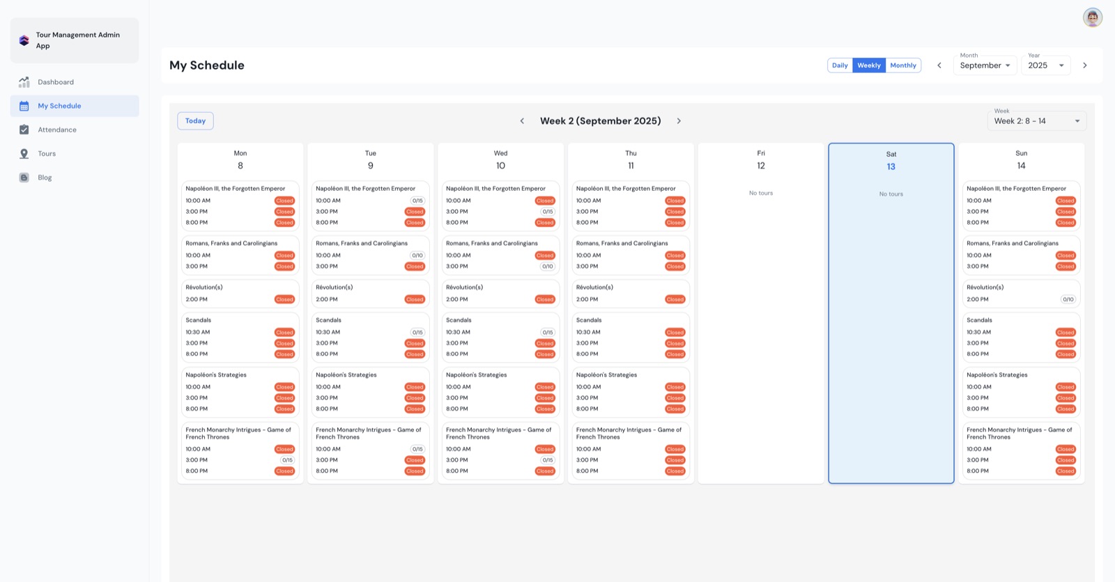 Admin app weekly schedule showing tour time slots and capacity per slot